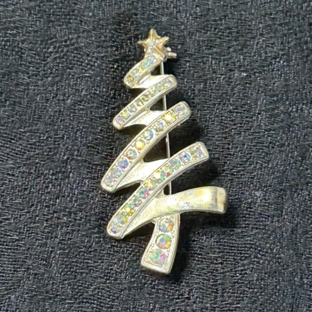 Vintage Abstract Christmas Tree Brooch AB Rhinestone Champagne Gold Tone Pin‎